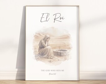 El Roi Hargar in der Wüste Bibel Vers Wandkunst Poster / Leinwand, hebräischer Name Gottes-Der Gott, der mich sieht Schrift Zitat Aquarell Kunstwerk