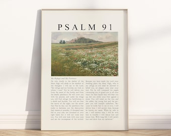 Psalm 91 Meine Zuflucht und meine Festung Bibel Vers Poster / Leinwand Wandkunst, Vintage Christian Landschaftsmalerei Religiöses Schrift Zitat Druck