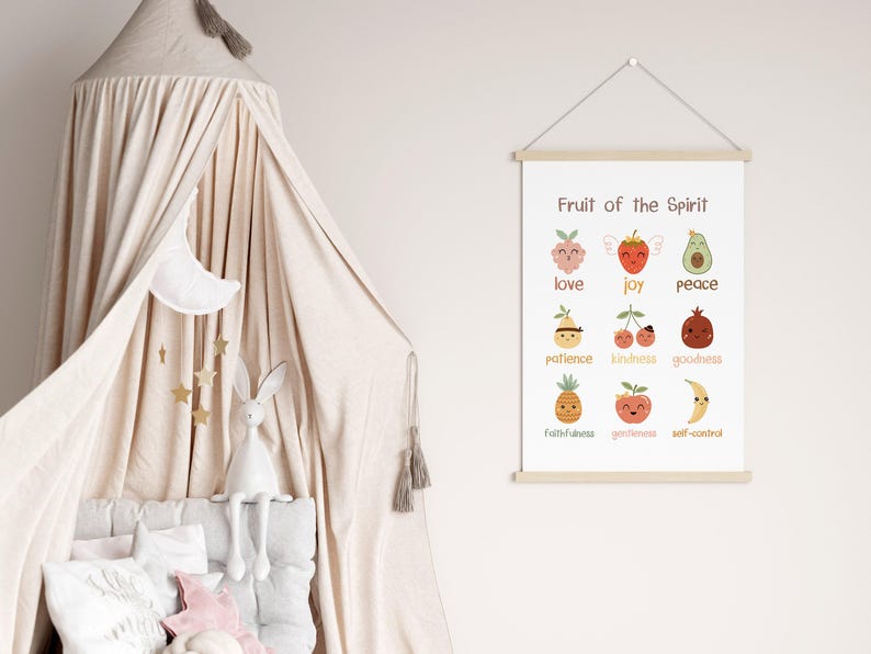 Kids Fruit of the Spirit Bible verse wall art poster/canvas, Galatians 5:22-23 Christian Religious Scripture quote Nursery Artwork Print image 4