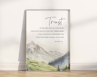 Proverbs 3:5-6 Trust in the Lord Bible Verse Unframed Poster wall art, Modern Christian watercolor landscape scripture quote artwork print