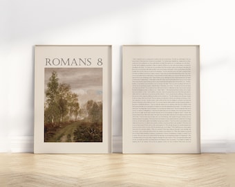 Romans 8 Full Chapter Bible Verse wall art unframed poster, Set of 2 Christian Vintage neutral landscape scripture quote Baptism Gift Print