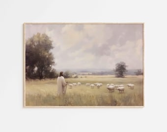 Psalm 23 The Lord is my Shepherd Bible Verse Poster/Canvas, Vintage Christian oil painting illustration scripture quote religious Artwork
