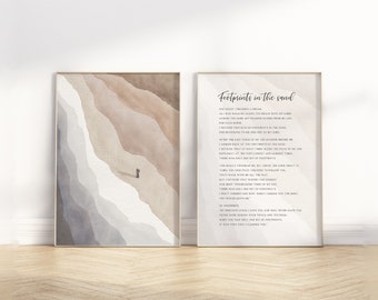 Fußspuren im Sand Gedicht Christliche Wandkunst Poster 2-teilig, Abstrakt, Modern, Religiöses Mid-Century Aquarell, minimalistisches Landschaftskunstwerk