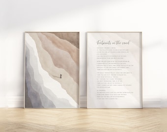 Fußspuren im Sand Gedicht Christliche Wandkunst Poster 2-teilig, Abstrakt, Modern, Religiöses Mid-Century Aquarell, minimalistisches Landschaftskunstwerk