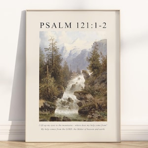 Póster/lienzo de arte mural con versículo bíblico del Salmo 121:1-2, pintura al óleo de paisaje cristiano vintage. Mi ayuda viene del Señor. Cita bíblica impresa.