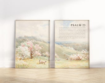 Psalm 23 Full Chapter Bible Verse wall art Poster/Canvas , Set of 2 Christian Vintage oil painting landscape scripture quote Artwork print