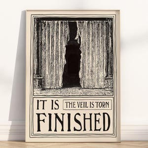 It is Finished Torn Veil Bible Verse Wall Art Poster/Canvas, Christian Easter Scripture Quote with modern retro Artwork