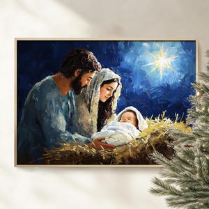 Affiche d'art mural/toile de crèche de Noël, oeuvre d'art religieuse chrétienne de peinture à l'huile, carte de portrait de Marie Joseph Jésus étoile de Bethléem