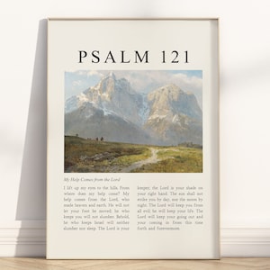 Psaume 121 Je lève les yeux sur les collines, affiche de vers de la Bible/toile d'art mural, oeuvre de citation d'écriture sainte illustration de peinture chrétienne vintage