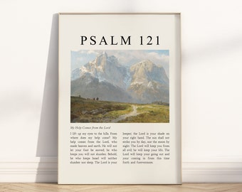 Psalm 121 I lift up my eyes to the hills Bible Verse Poster/Canvas wall art, Vintage Christian painting illustration scripture quote artwork