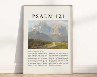 Psalm 121 Ik hef mijn ogen op naar de heuvels Bijbelvers Ingelijste poster, Vintage christelijke olieverfschilderij illustratie schriftcitaat artwork