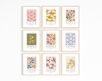 Fruit of the Spirit Bible verse wall art Poster/Canvas set of 9, Galatians 5:22-23 Modern Christian floral gallery Scripture Quote Artwork