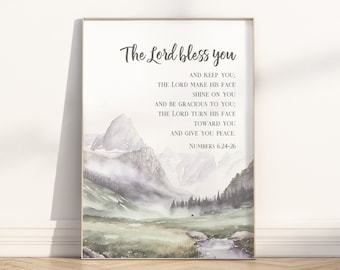 Numeri 6:24-26 De Heer zegene u en houd u Bijbelvers ingelijste poster kunst aan de muur, christelijke aquarel landschap schrift citeer artwork