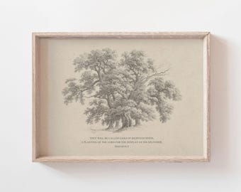 Jesaja 61: 3 Eichen der Gerechtigkeit Bibel Vers Wand Kunst Poster / Leinwand, rustikale Vintage christliche Skizze Zeichnung Landschaft Schrift Zitat