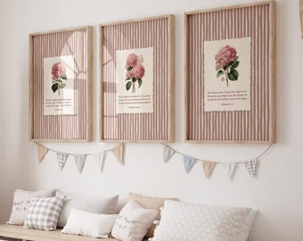 Set of 3 Cottagecore Bible Verse Wall Art Poster/Canvas, Christian Nursery Scripture Quote Vintage Pink Hydrangea Floral Girl room Print