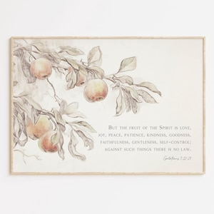 Póster/lienzo con versículo bíblico "Fruto del Espíritu", Gálatas 5:22-23, cristiano, horizontal, vintage, neutro, acuarela, cita bíblica.