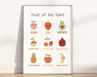 Kids Fruit of the Spirit Bible verse unframed poster wall art, Galatians 5:22-23 Christian Religious Scripture quote Nursery Artwork Print