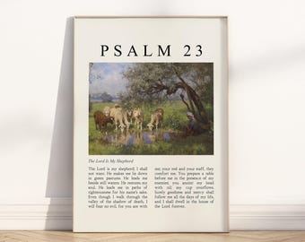 Psalm 23 The Lord is my Shepherd Bible Verse Poster/Canvas, Vintage Christian oil painting illustration scripture quote religious Artwork