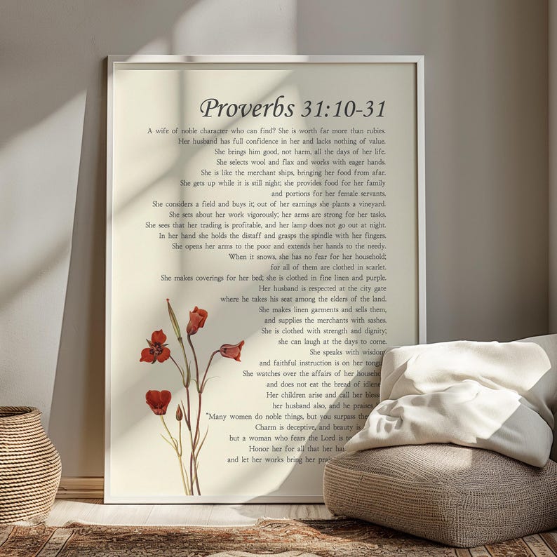 Sprüche 31 tugendhafte Frau Christliche Bibel Verse Wand Kunst Plakat / Leinwand, Sprüche 31: 10-31 Religiöse Schrift Zitat Vintage Blumen Kunstwerk Bild 8