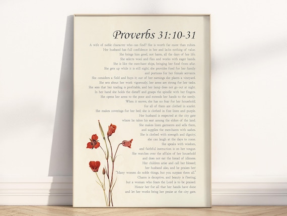 Proverbs 31 virtuous woman Christian Bible Verse Wall Art poster/canvas, Proverbs 31:10-31 Religious Scripture Quote Vintage Floral Artwork