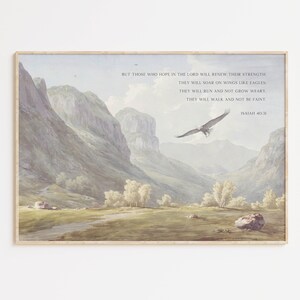 Jesaja 40:31 Hoop in de Heer Bijbelvers muurkunst poster/canvas, vintage christelijk aquarel landschap schrift citaat religieus kunstwerk