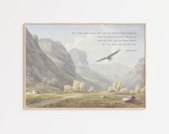 Isaiah 40:31 Hope in the Lord Bible verse wall art Poster/Canvas, Vintage Christian watercolor landscape Scripture Quote Religious artwork