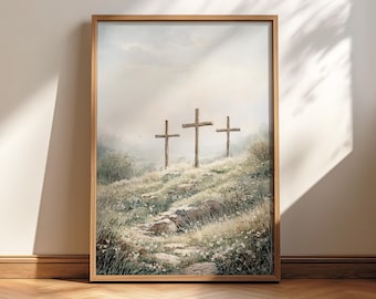 Jezus kruisiging christelijke Pasen muur kunst poster/canvas, 3 kruisen op de Golgotha-heuvel, hij is verrezen religieus aquarel kunstwerk