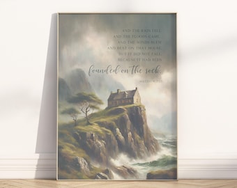 Matthew 7:25 house built on the rock Bible Verse Wall Art poster/Canvas, Christian Religious vintage illustration oil painting artwork Print