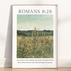 Romans 8:28 God works for the good of those who love him Bible Verse Wall Art Poster/Canvas, Christian Scripture Quote Vintage Oil painting