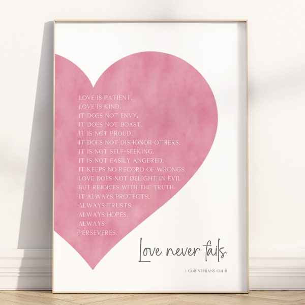 1 Corinthians 13:4-8 Love never fails Bible verse Poster wall art, Modern Christian Scripture Quote Religious Artwork Wedding gift Print