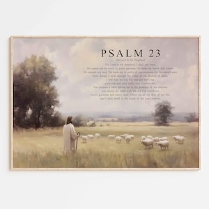 Psalm 23 The Lord is my Shepherd Bible Verse Poster/Canvas, Vintage Christian oil painting illustration scripture quote religious Artwork