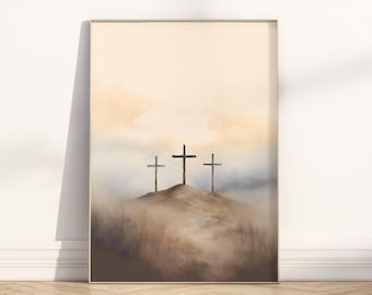 Jezus kruisiging religieuze Pasen muur kunst poster/canvas, christelijk 3 kruisen op de heuvel van Golgotha, goede vrijdag midden van de eeuw aquarel kunstwerk
