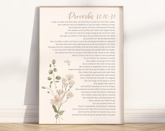 Proverbs 31:10-31 Christian Bible Verse Wall Art Poster/Canvas, Virtuous Woman Neutral Floral Scripture Quote Print