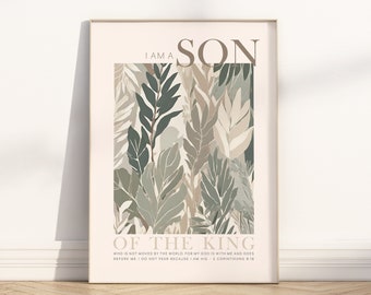 Ik ben een zoon van de koning Bijbelvers Ingelijste poster kunst aan de muur, Boho Christian 2 Korintiërs 6:18 Schriftcitaat babyjongen kinderkwekerij print