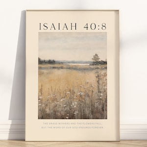 Isaías 40:8 A grama murcha e as flores caem Versículo bíblico Arte de parede Pôster/Tela, Pintura de flores silvestres neutras vintage cristã Citação bíblica