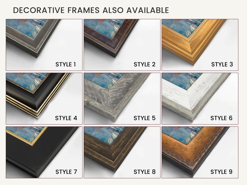a collection of decorative frames in various styles, including gold, black, white, and brown frames.