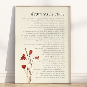 Provérbios 31 mulher virtuosa Versículo da Bíblia Cristã Arte de parede pôster/tela, Provérbios 31:10-31 Citação das Escrituras Religiosas Arte Floral Vintage