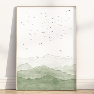 Matthew 6:26 Look at the birds of the air Bible verse wall art poster/Canvas, Christian abstract sage green watercolor minimalist landscape