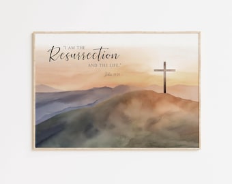 Ik ben de opstanding Bijbelvers muurkunst poster/canvas, christelijk kruis landschap religieus Pasen schrift citaat artwork print