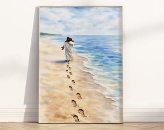 Footprints in the sand poem Christian wall art Poster/Canvas, "Jesus carrying you" Modern watercolor painting illustration artwork