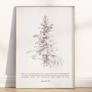 Jesaja 9: 6 Weihnachtsbibel-Vers-Wand-Kunst-Plakat / Leinwand, rustikaler christlicher Baum-Skizzen-Bleistiftzeichnung Schrift-Zitat-Kunstdruck