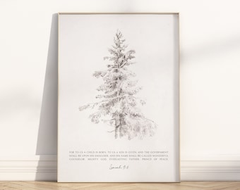 Isaiah 9:6 Christmas Bible Verse Wall Art Unframed Poster, Vintage Rustic Christian Tree Sketch Pencil Drawing Scripture Quote Artwork Print