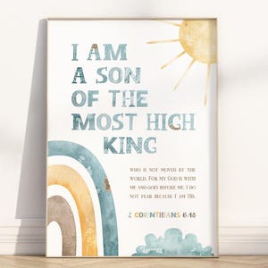 Soy hijo del Rey 2 Corintios 6:18 Póster/lienzo de arte de pared con versículo bíblico, cita de las Escrituras para guardería de niños, obra de arte moderna y bohemia cristiana