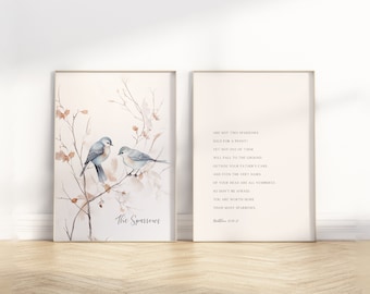 The Sparrows Matthew 10:29-31 Bible Verse Wall Art Unframed Poster, Set of 2 Christian watercolor Scripture Religious illustration Artwork