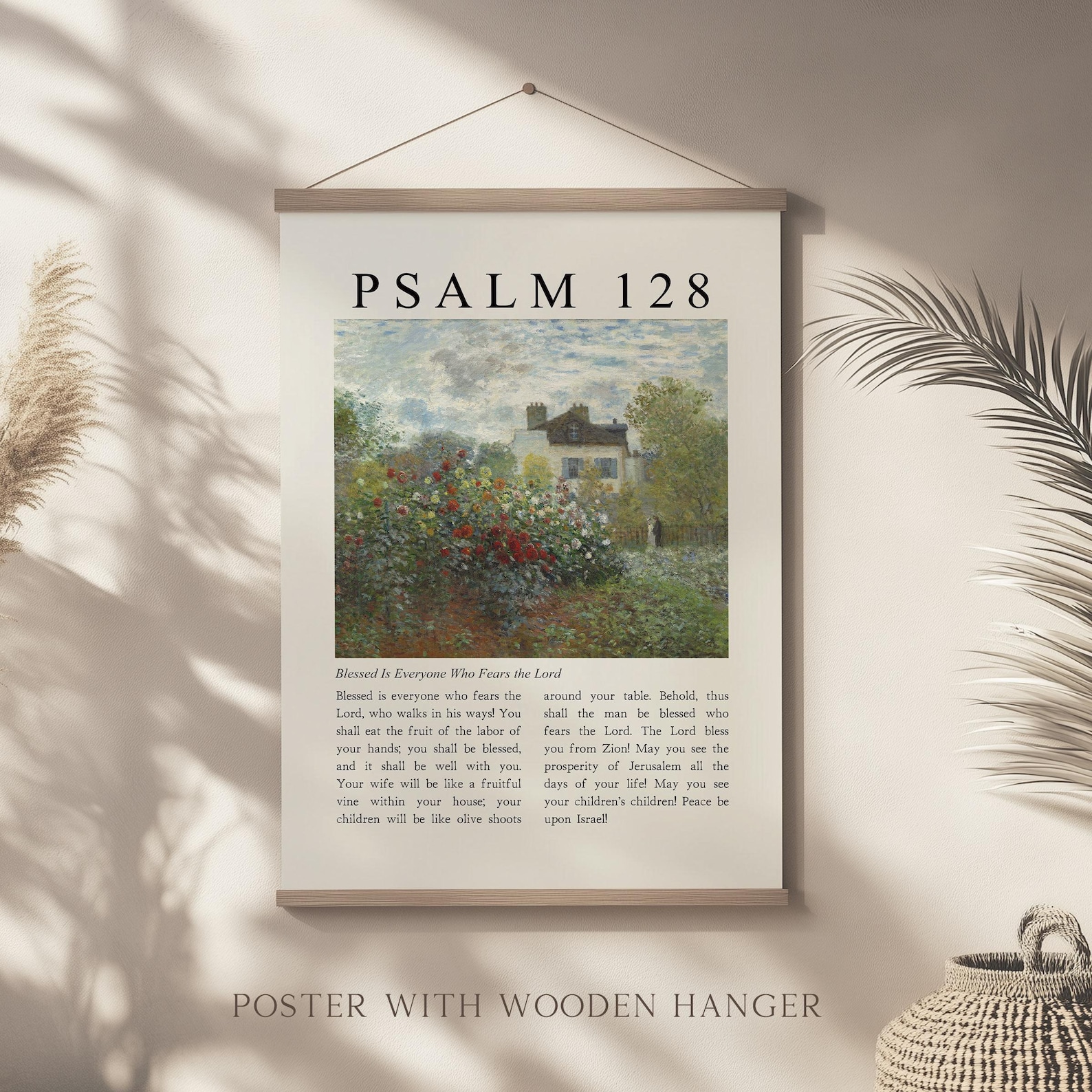 Psalm 128 Full Chapter Bible Verse wall art Poster/Canvas, Vintage Christian Scripture quote blessed is everyone who fears the Lord Artwork - Poster + Hanger - Natural, 12"x16"