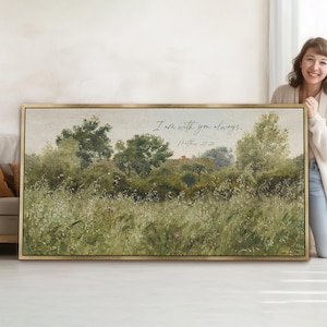 Póster/lienzo con versículo bíblico de Mateo 28:20: "Yo estoy con vosotros siempre", pintura al óleo vintage con paisaje panorámico y cita de las Escrituras cristianas