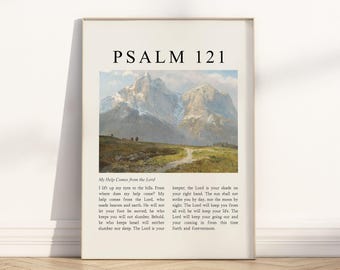 Psaume 121 Je lève les yeux sur les collines, affiche de vers de la Bible/toile d'art mural, oeuvre de citation d'écriture sainte illustration de peinture chrétienne vintage