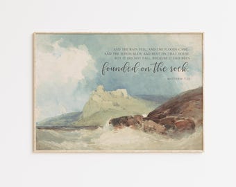 Matthew 7:25 house built on the rock Bible Verse Wall Art Poster/Canvas, Christian vintage watercolor landscape painting scripture quote