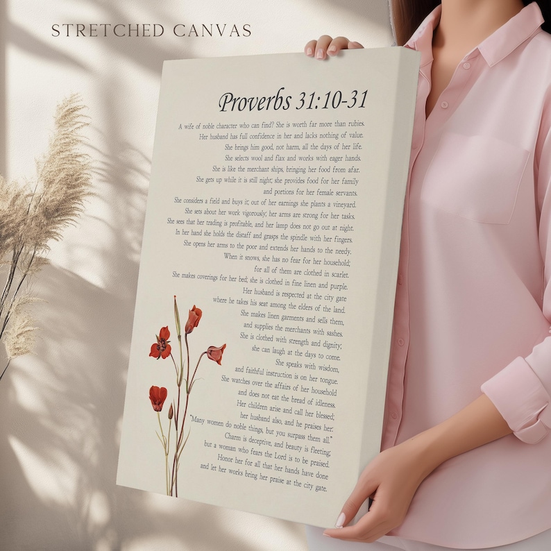 Sprüche 31 tugendhafte Frau Christliche Bibel Verse Wand Kunst Plakat / Leinwand, Sprüche 31: 10-31 Religiöse Schrift Zitat Vintage Blumen Kunstwerk Bild 5