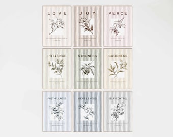 Fruit of the Spirit Bible verse wall art Poster/Canvas set of 9, Galatians 5:22-23 Modern Christian floral gallery Scripture Quote Artwork